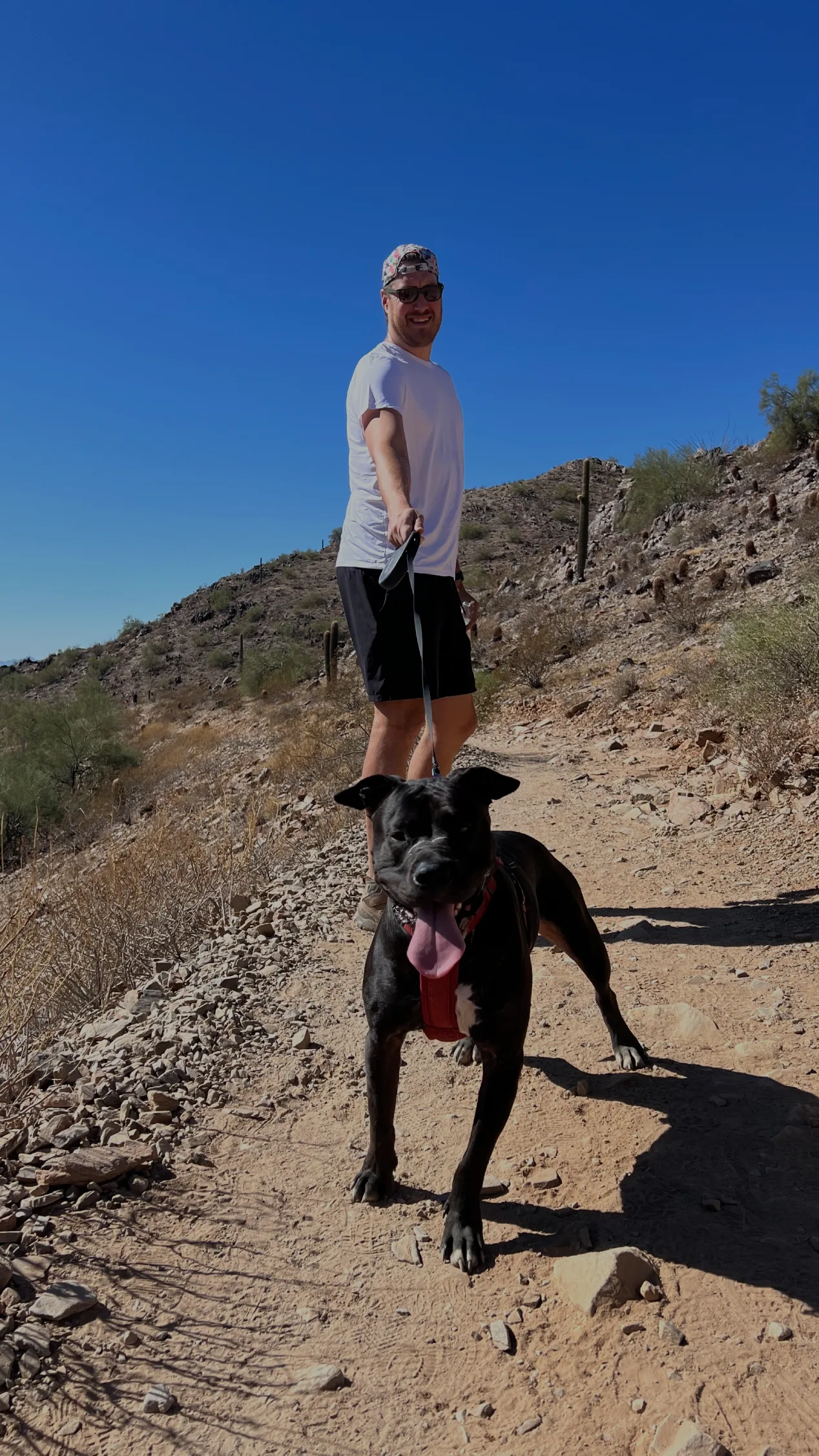 A man and his dog are standing on the trail.